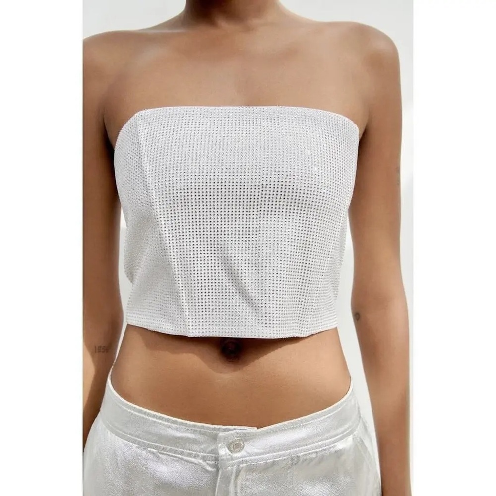NWT Zara White Rhinestone Corset Top Size L